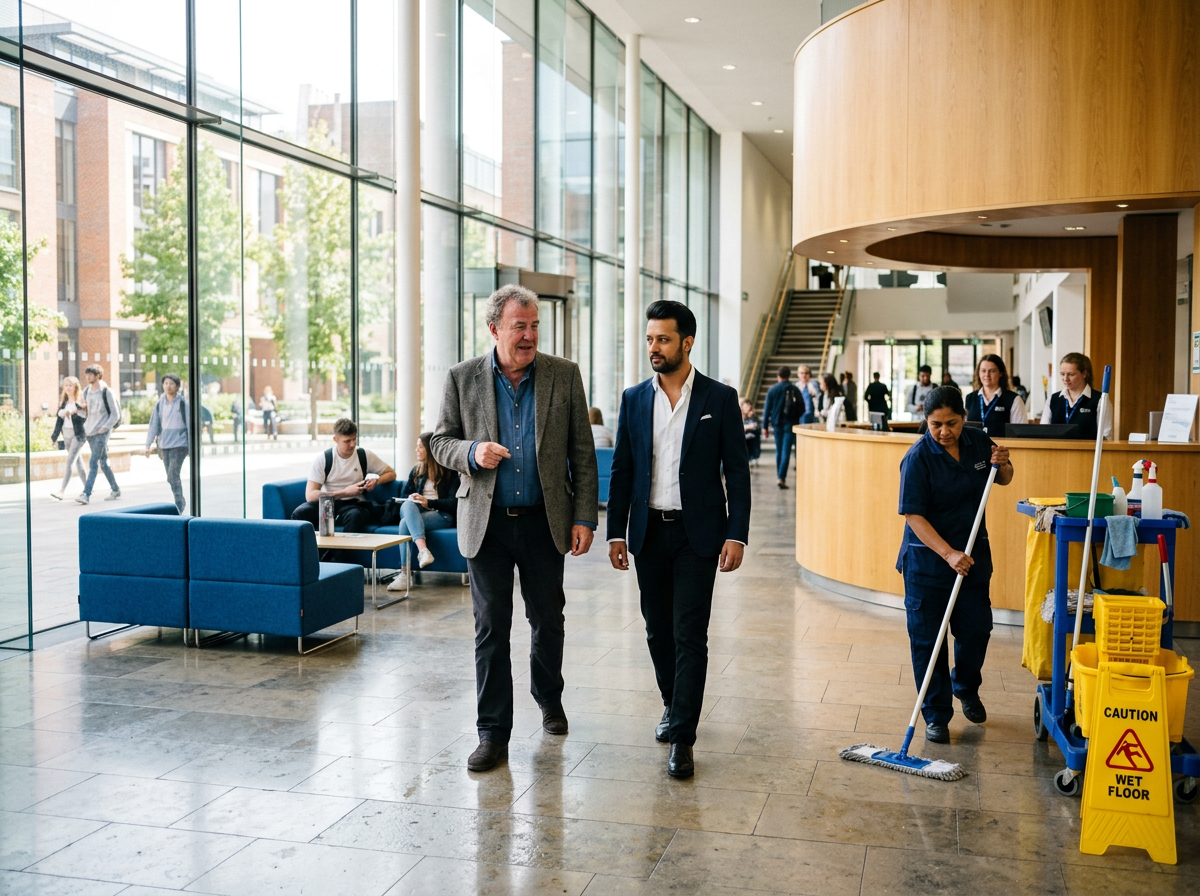 Jeremy Clarkson and Atif Aslam passing by a cleaner in Sir syed univerity of engineering and technology Reception Area